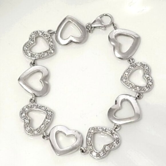 Vintage Sterling Silver Chain Link Crystal Rhinestone Heart Bracelet - Picture 1 of 12